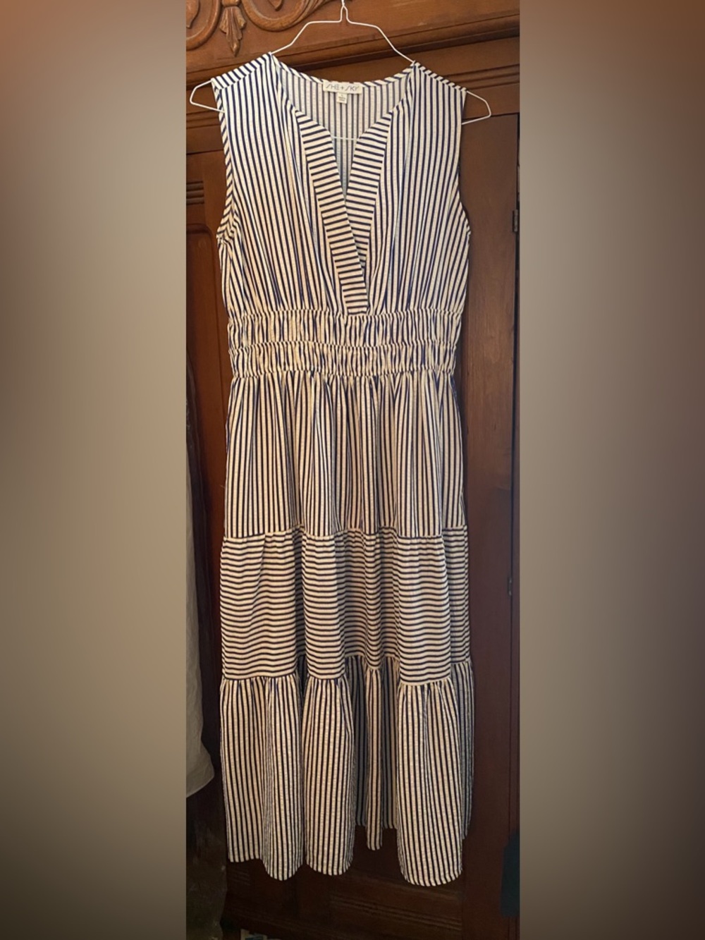 She + Sky Blue and White Striped Tiered Dress